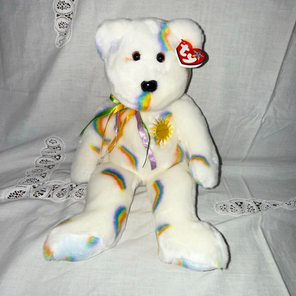 Rare 2002 Ty Beanie Buddy Cheery 15” Rainbow Sun Bear – Mint with Embroidered Ty